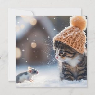 Cartão De Festividades Gato e rato adoráveis na neve juntos