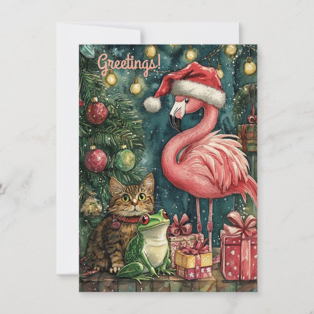 Cartão De Festividades Gato e Sapo Flamingo Rosa Natal Tropical  (Frente)