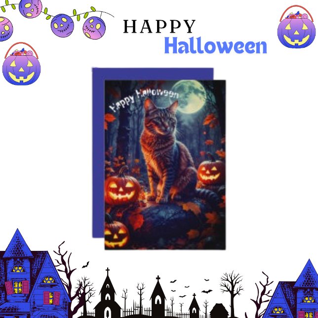Cartão De Festividades Gato engraçado fofo Halloween Abóbora  (Criador carregado)