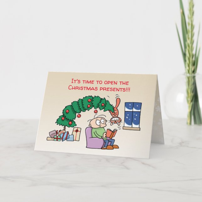 Cartão De Festividades Gato engraçado pendurado na árvore de Natal, foto (Frente)