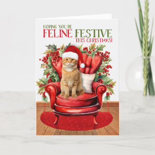 Cartão De Festividades Gato FELINO Natalino Laranja e Branco Festivo