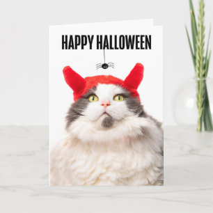 Cartão De Festividades Gato Feliz de Halloween em Figurino do Diabo com A