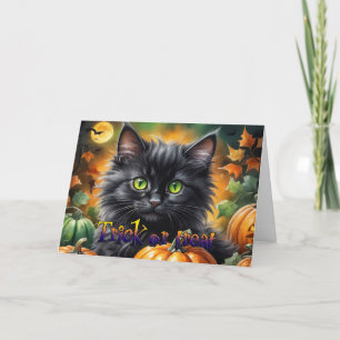 Cartão De Festividades Gato Feliz no Halloween com abóbora