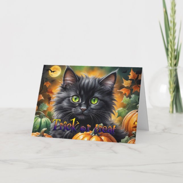 Cartão De Festividades Gato Feliz no Halloween com abóbora (Frente)