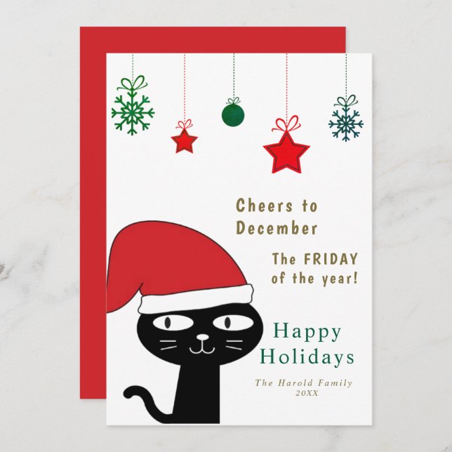 Cartão De Festividades Gato festivo bonito com moderno Red Santa Hat (Frente/Verso)