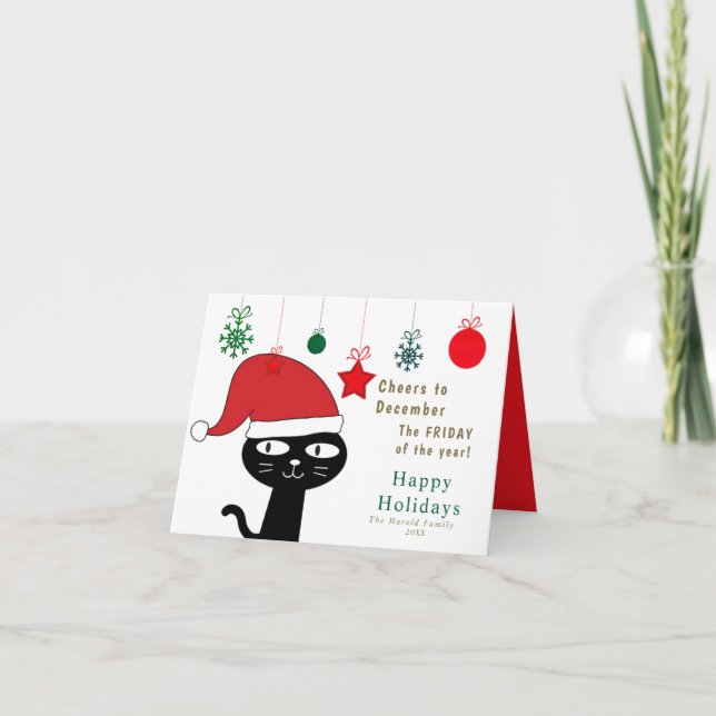 Cartão De Festividades Gato festivo bonito com moderno Red Santa Hat (Frente)