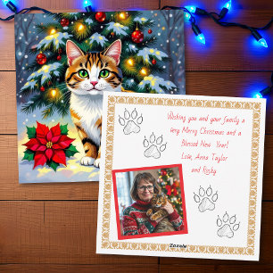 Cartão De Festividades Gato Festivo e Poinsettia Natal Personalizado