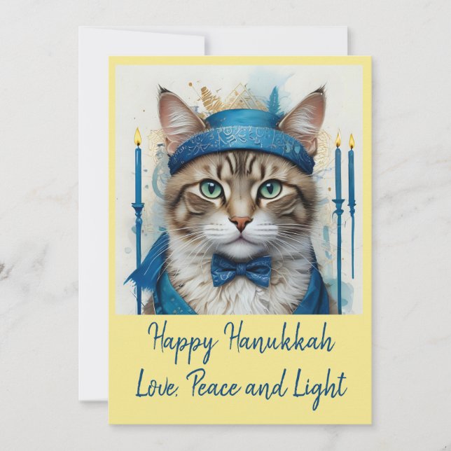 Cartão De Festividades Gato Festivo na Saudação Disfarçada a Hanukkah (Frente)