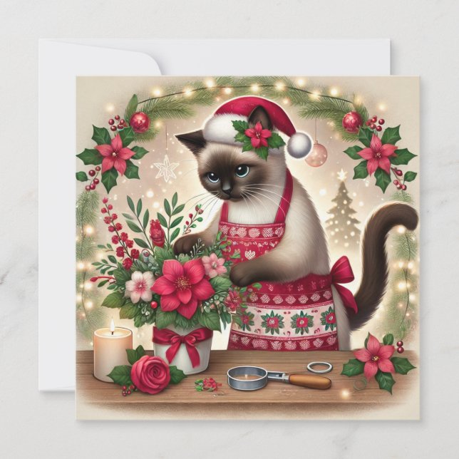 Cartão De Festividades Gato Florista com Boas-Vindas de Natal (Frente)