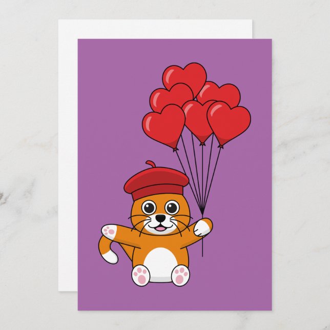 Cartão De Festividades Gato Fofo com Balões Vermelhos em Forma de Coração (Frente/Verso)