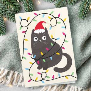 Cartão De Festividades Gato fofo com chapéu de Papai Noel e luzes de Nata