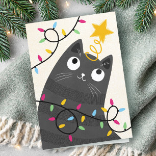 Cartão De Festividades Gato fofo com luzes e enfeite de natal no topo da 