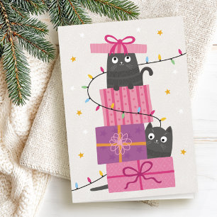 Cartão De Festividades Gato fofo com luzes e presentes de Natal