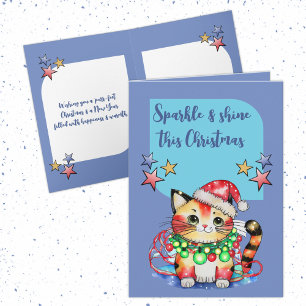 Cartão De Festividades Gato fofo de Natal estrelas azul