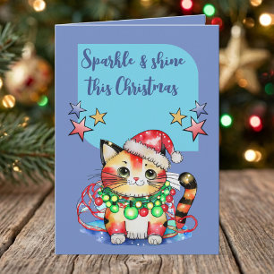 Cartão De Festividades Gato fofo de Natal estrelas azul