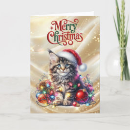 Cartão De Festividades Gato Fofo e Luzes de Natal