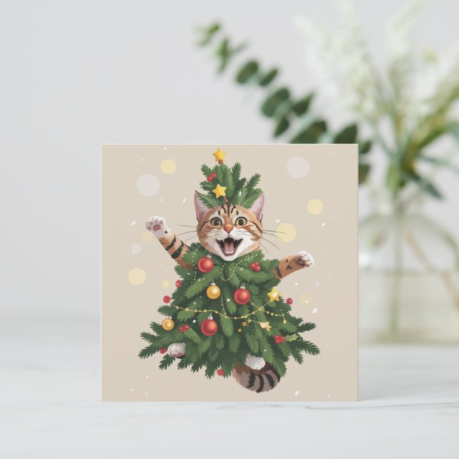 Cartão De Festividades Gato Laranja Árvore De Natal Natal Fofo  (Em pé/Frente)