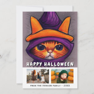 Cartão De Festividades Gato Laranja Chapéu de Bruxa Roxo 2 Fotos Hallowee
