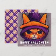 Gato Laranja com Chapéu de Bruxa Roxo Feliz Hallow