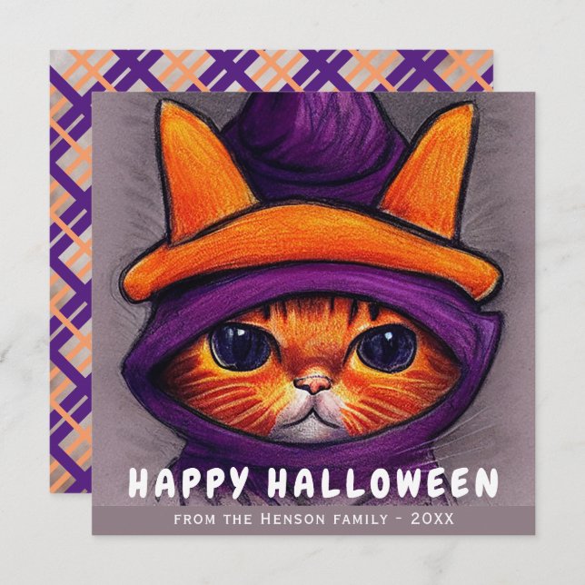Cartão De Festividades Gato Laranja com Chapéu de Bruxa Roxo Feliz Hallow (Frente/Verso)
