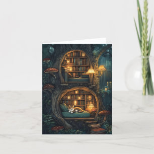 Cartão De Festividades Gato Louco em uma Biblioteca do Armazém de Magia