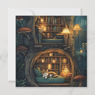 Cartão De Festividades Gato Louco em uma Biblioteca do Armazém de Magia