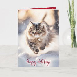 Cartão De Festividades Gato Maine Coon Dando um Baile na Neve
