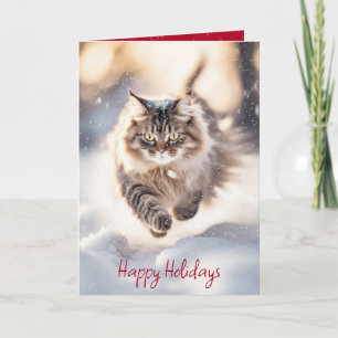 Cartão De Festividades Gato Maine Coon Dando um Baile na Neve