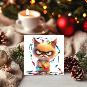 Cartão De Festividades Gato Mal-Humorado Enroscado em Luzes de Natal