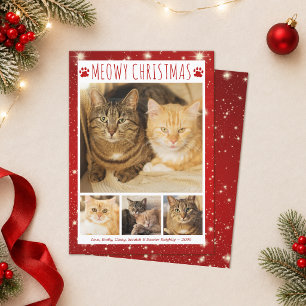 Cartão De Festividades Gato NATAL MEOWY 4 Fotos Pegadas de Pata Vermelhas
