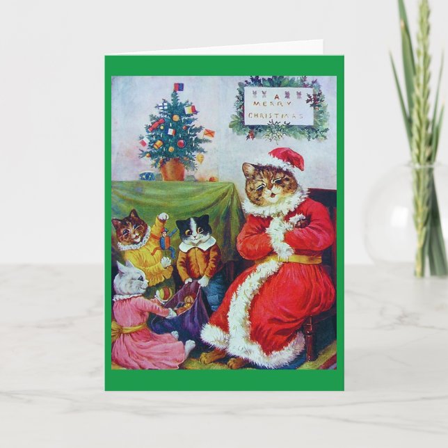 Cartão De Festividades Gato Natalino Antigo, Louis Wain (Frente)