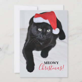 Cartão De Festividades Gato Negro com Chapéu Vermelho do Pai Natal