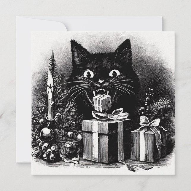 Cartão De Festividades Gato Negro com presentes de Natal (Frente)