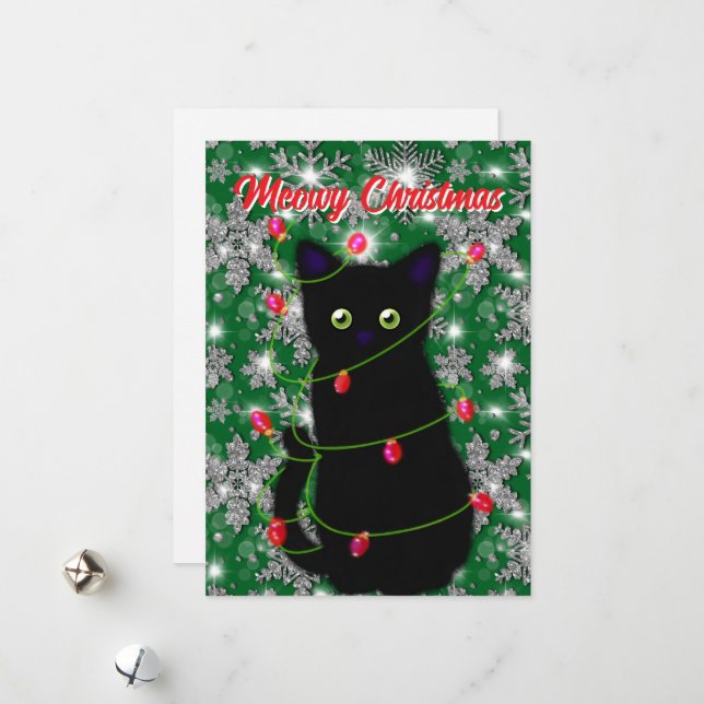 Cartão De Festividades Gato Negro e Bonito Feliz Natal (Frente/Verso In Situ)