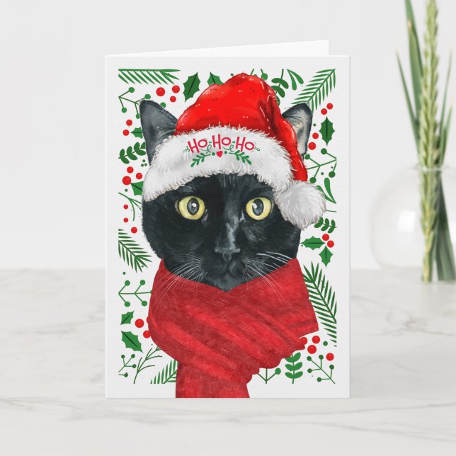 Cartão De Festividades Gato Negro em um Papai Noel Feliz Natal (Frente)