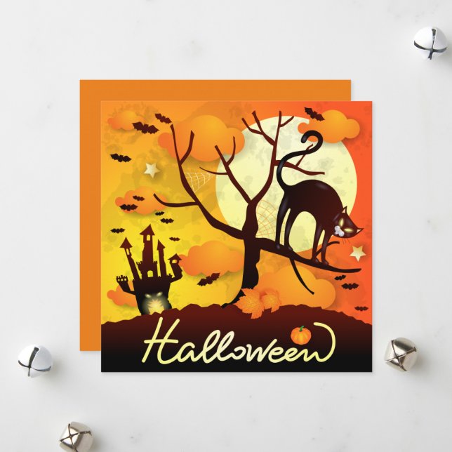 Cartão De Festividades Gato Negro Halloween (Frente/Verso In Situ)