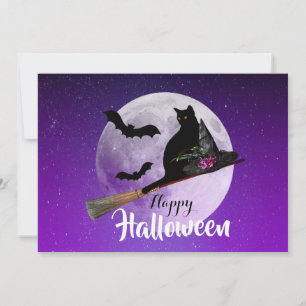Cartão De Festividades Gato Negro Halloween na Lua Cheia
