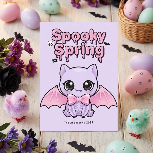 Cartão De Festividades Gato Pastel Assustador de Primavera Gótico Morcego (Spooky Spring Pastel Goth Bat Lavender Pink Holiday Card)