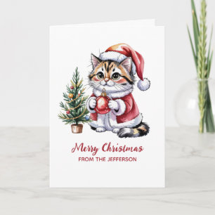 Cartão De Festividades Gato Personalizado com Chapéu de Papai Noel árvore