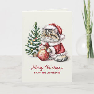 Cartão De Festividades Gato Personalizado com Chapéu de Papai Noel árvore