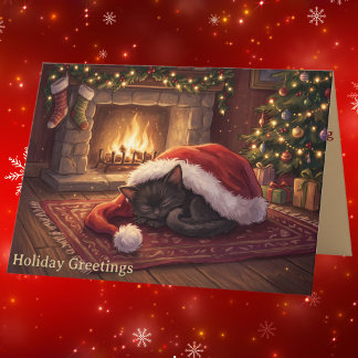 Cartão De Festividades Gato Preto Adormecido Papai Noel Kitten Natal Dobr