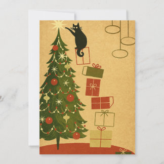 Cartão De Festividades Gato Preto Antigo Decorando Árvore de Natal