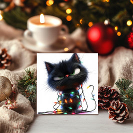 Cartão De Festividades Gato Preto Atitude Envolto em Luzes Festivas