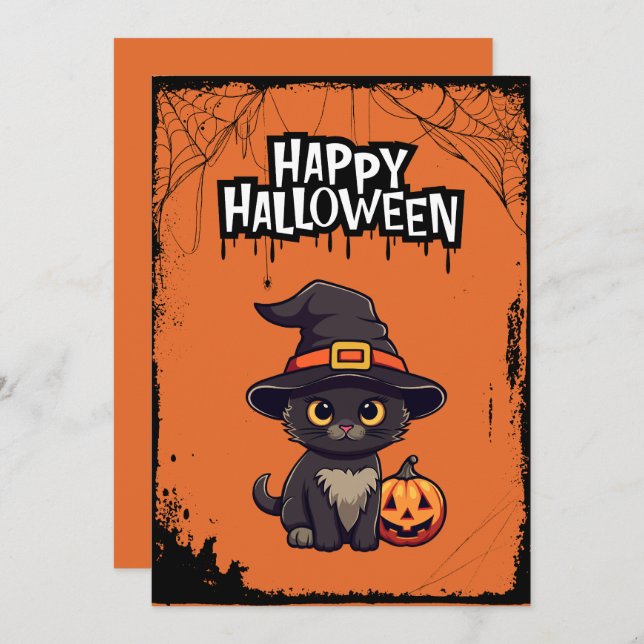 Cartão De Festividades Gato Preto Com Jack O' Lantern de Abóbora (Frente/Verso)
