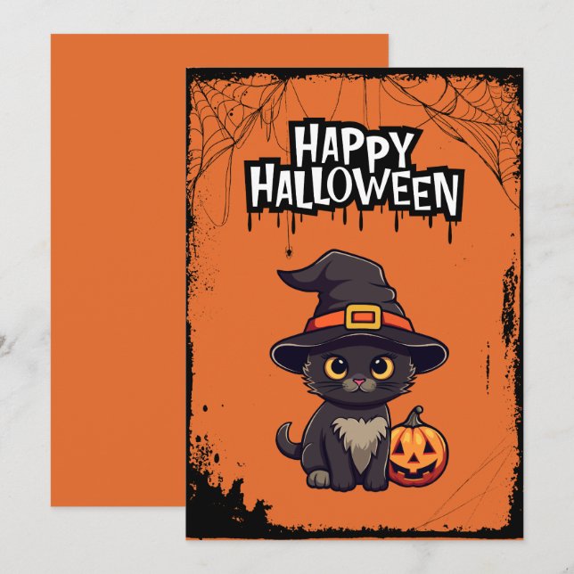 Cartão De Festividades Gato Preto Com Pumpkin Jack O' Lanterna (Frente/Verso)