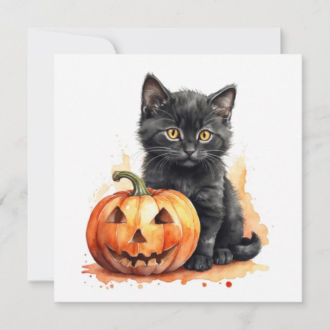 Cartão De Festividades Gato Preto de Halloween com Aquarela (Frente)