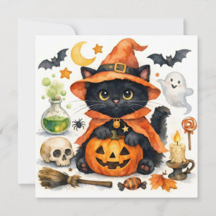 Cartão De Festividades Gato preto de Halloween em fantasia em aquarela