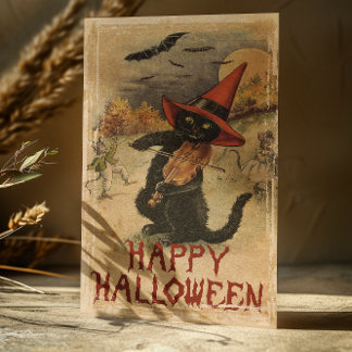 Cartão De Festividades Gato Preto de Halloween Vintage Tocando Rabeca