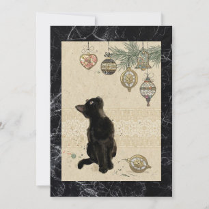 Cartão De Festividades Gato Preto de Mármore Antigo Olhando para Enfeites