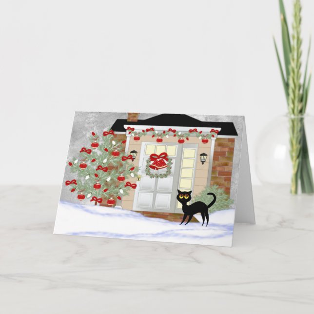 Cartão De Festividades Gato Preto de Natal (Frente)